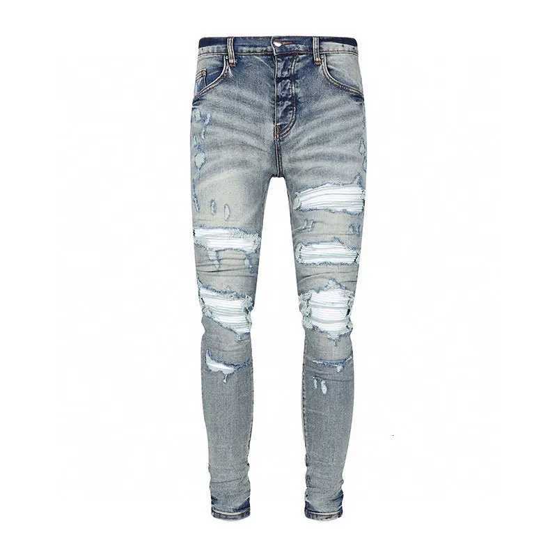 European and American designers fashion new mens jeans stretch slim fit retro light blue patchwork white patch jeans high street X250812