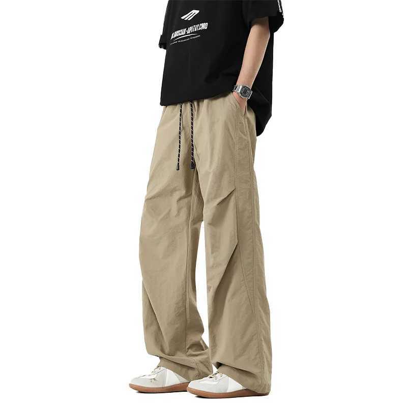 Spring Summer Cargo Pants Mens Harajuku Street Y2k Solid Color Drawstring Wide Leg Pants Outdoor Casual Fishing Sports Pants W250812
