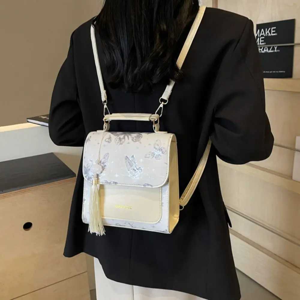 Sweet Embroidery Pu Backpack Tassel Pendant Large Capacity Chinese Style Daypack Vintage Small Square Backpack Women Y250811