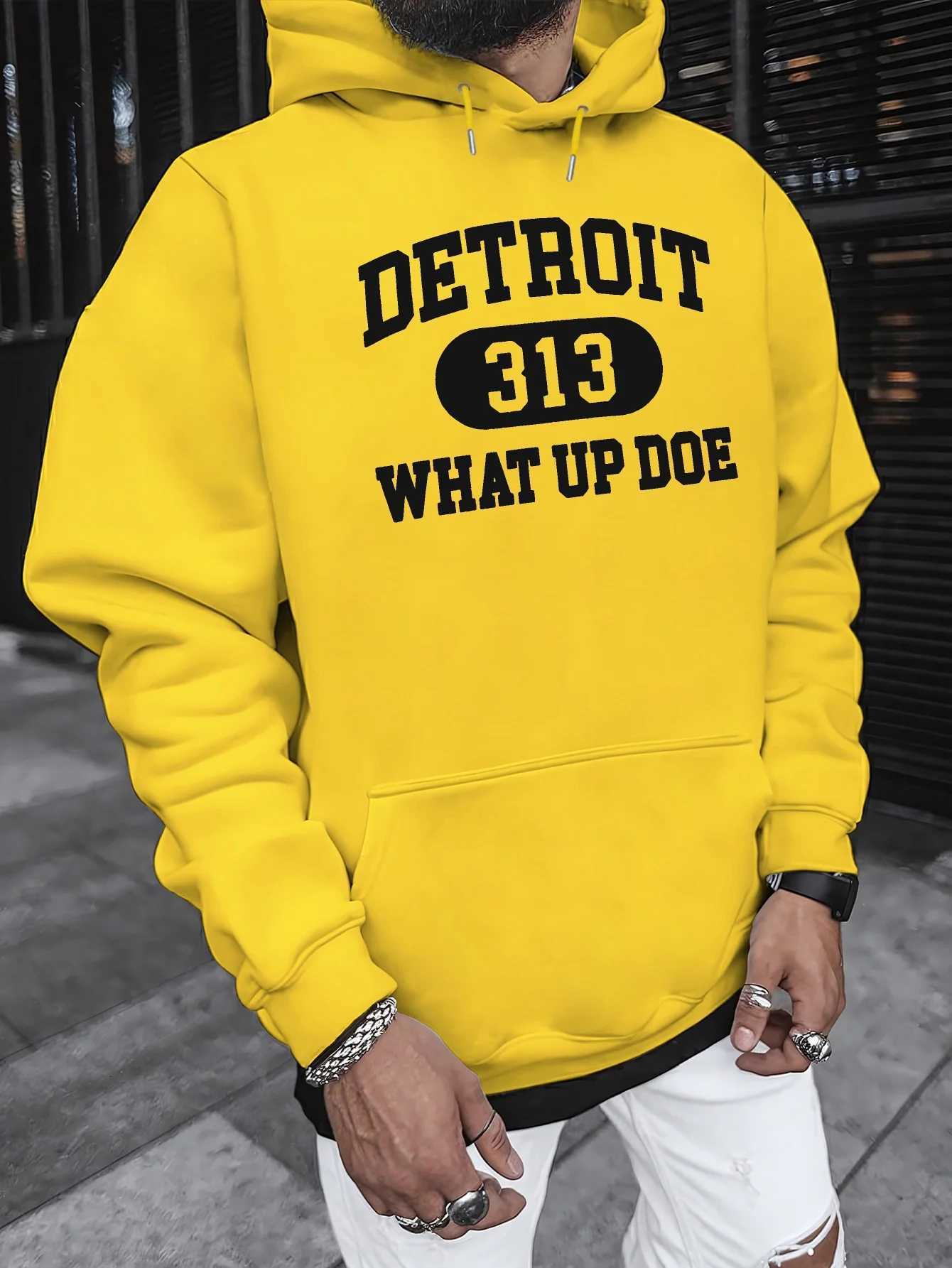 DETROIT 313 WHAT UP DOE MenS Hooded Sweatshirt - Casual Long Sleeve Printed Pullover for Autumn Winter loose Sweatshirts Y250811