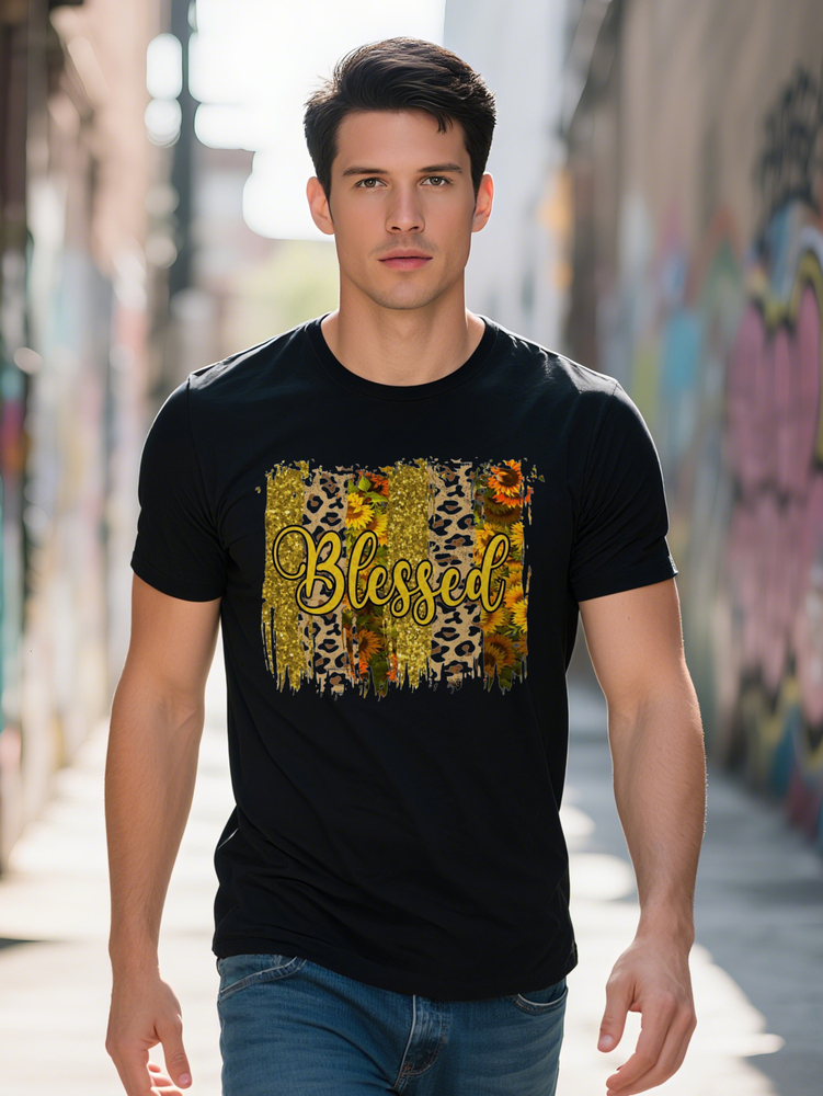Men s Casual Crew Neck T Shirt Blessed Leopard Print Suower Design Black Knit Top Summer Style