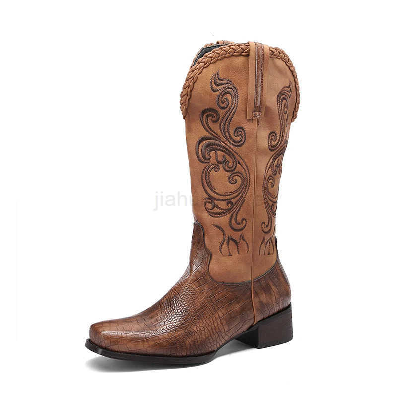 Women Western Boots Square Toe Slip On Mid-Calf Stitched Botas Cowgirl Boots Woman Embroidery Chunky Heel Street Shoes M250812