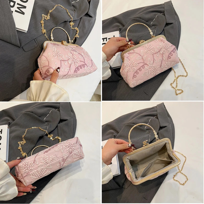Vintage Chinese Style Evening Bags Handmade Embroidery Flower With Handle Handbags For Women Fashion Chain Shoulder Bags Clutch 250809