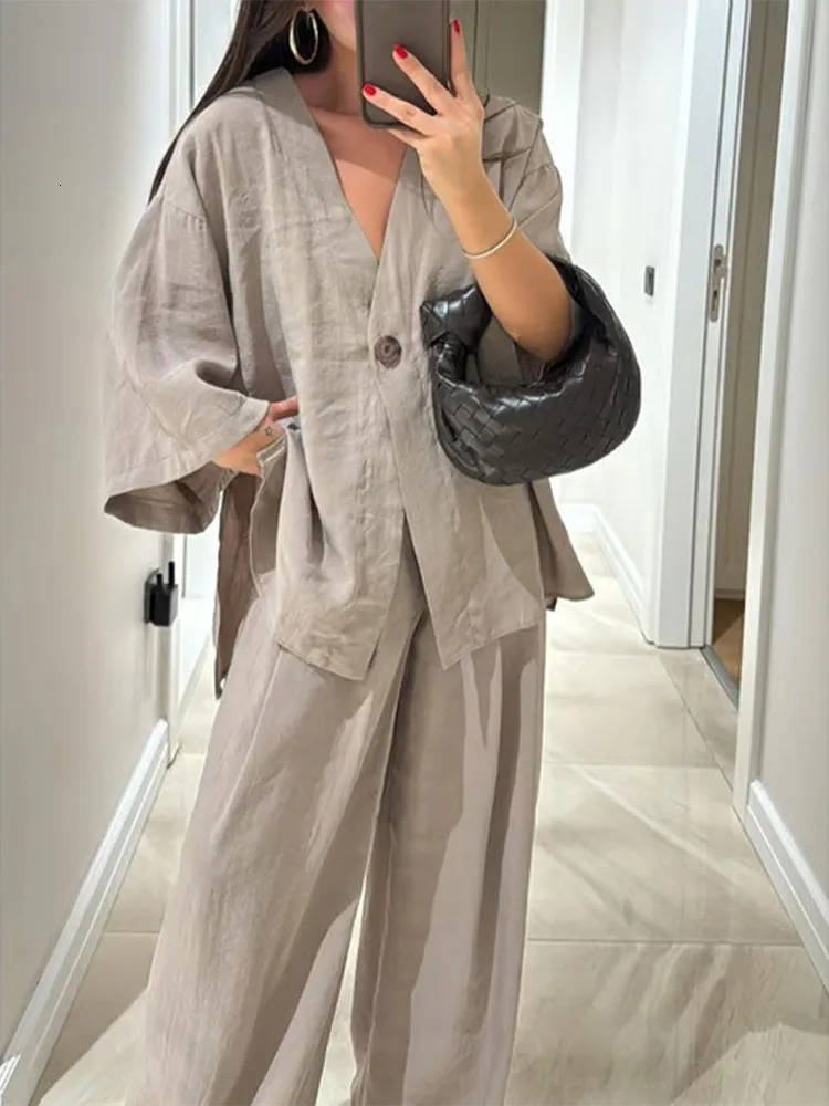 Solid Cotton Linen Loose Shirt Pants Set Women Casual Daily Long Sleeved Oversized Two Piece Bottom Suit 2025 Summer Outfit 250811