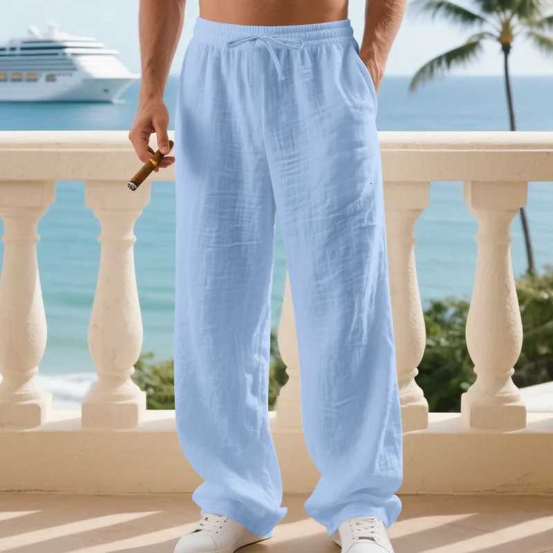 2025 Spring Summer Mens Breathable Linen Long Pants Beach Vacation Style Mens Loose Casual Sports Straight Pants W250812