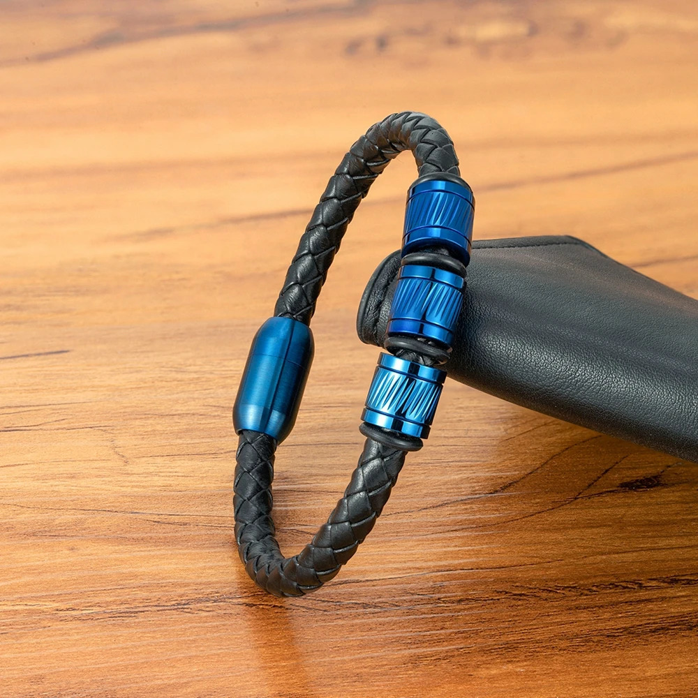 TYO Hiphop Rock Shiny Cool 4 Colors Stainless Steel Button Weave Genuine Leather Men Bracelets Bead Retro Bangle Accessory Gift 250811