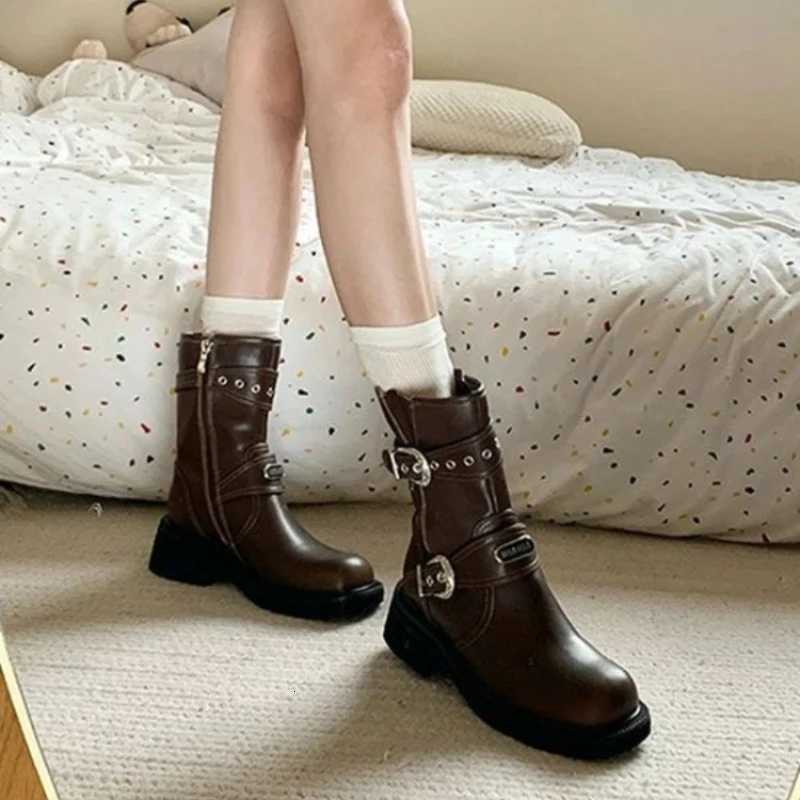 Leather Wens Half High Boots Brown Round Toe Ladies Mid Calf Shoes New In S Designer Pu Comfortable and Elegant Y2k Y250812 dh5367242