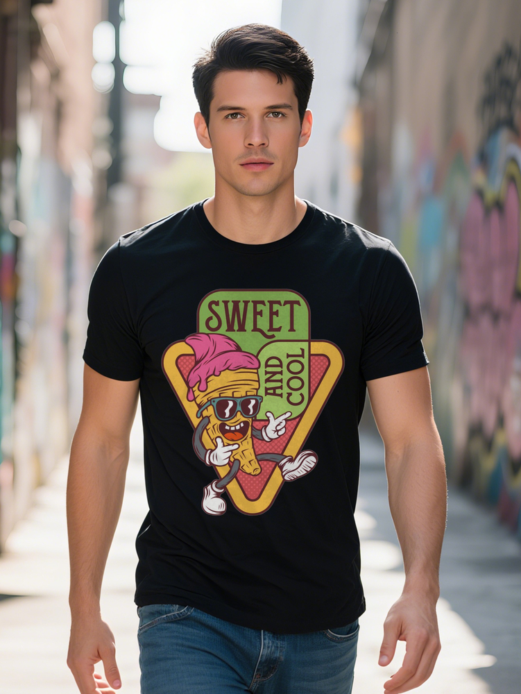 Men S Crew Neck T-Shirt with Sweet and Cool Graphic Black Short Sleeve for Casual Summer Wear Playful Print