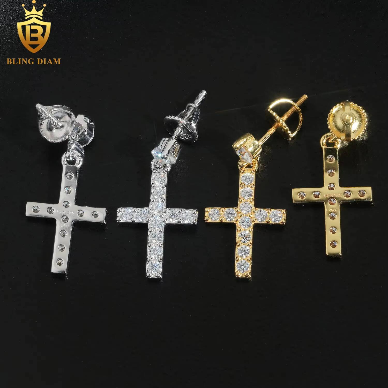 Fashion Jewelry 925 Sterling Silver Gold Plated Vvs1 Moissanite Iced Out Cross Long Earrings Handmade Wholesale Collection