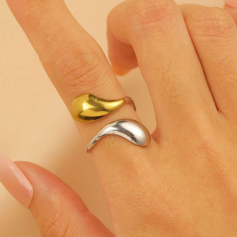 Real Gold Stainless Steel for Women High-end Color-blocking Water Drop Lava Geometric Ring