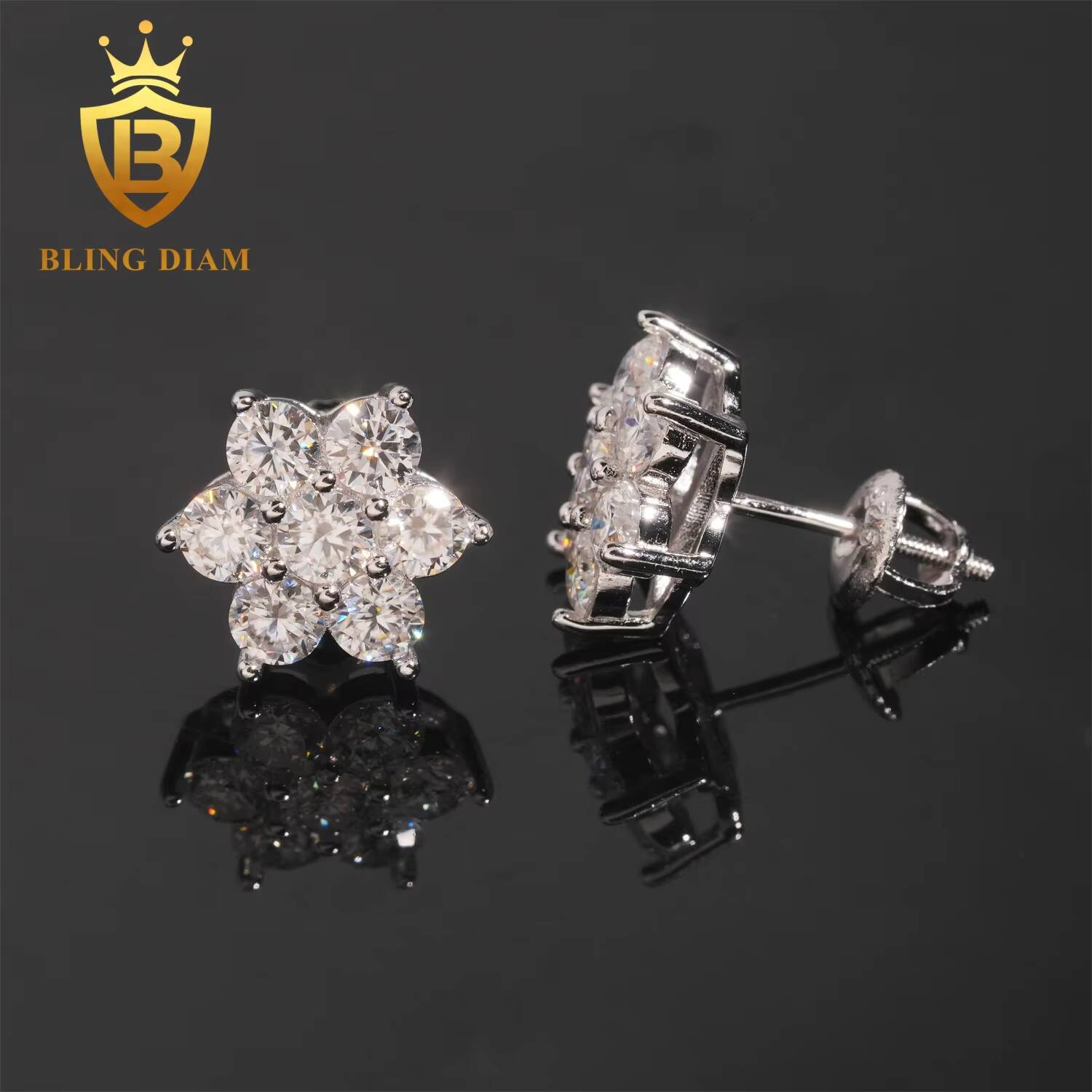 Fashion Screw Back Iced Out Cluster Flower 925 Silver Earrings VVS Moissanite Fine Jewelry Hip Hop Women Earrings