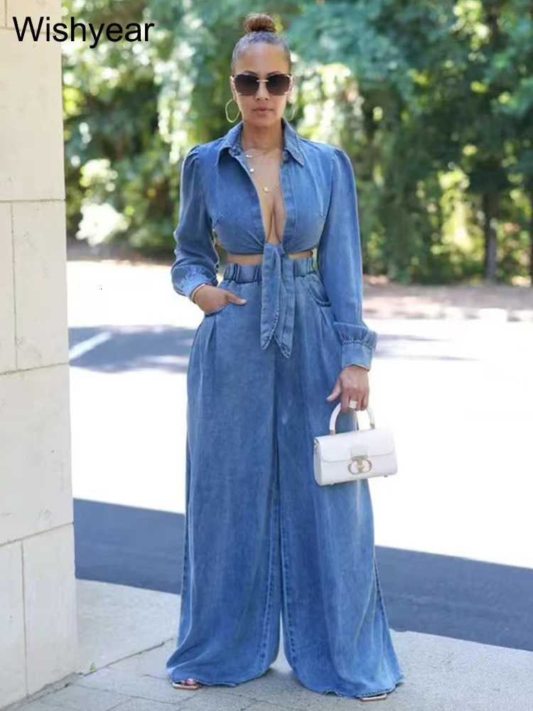 Fashion Denim 2 Pieces Pants Women Set Long Sleeve Crop Jacket and Wide Leg Jeans Suit Elegant Loose Streetwear Blue Outfit 250808