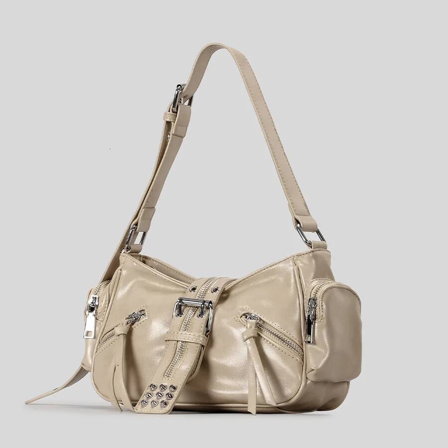 Fashion Rivet Multi-Zipper Underarm Designer Pu Leather Shouder Crossbody Bags Trend Punk Motorcycle Bag 2025