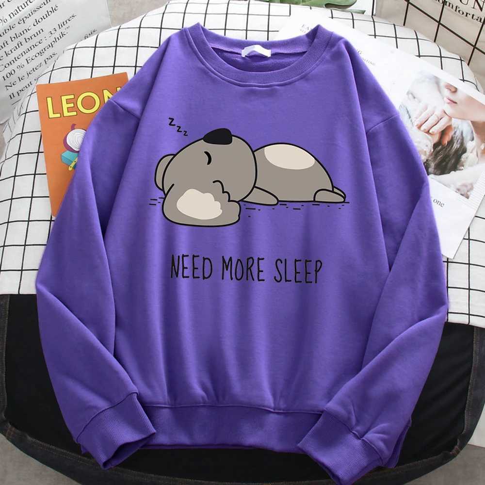 Casual Simple WomenS Sweatshirt Need More Sleep Cartoons Bear Print Hooded Loose Fleece Pullovers Warm Soft Female Streetwear Y250811