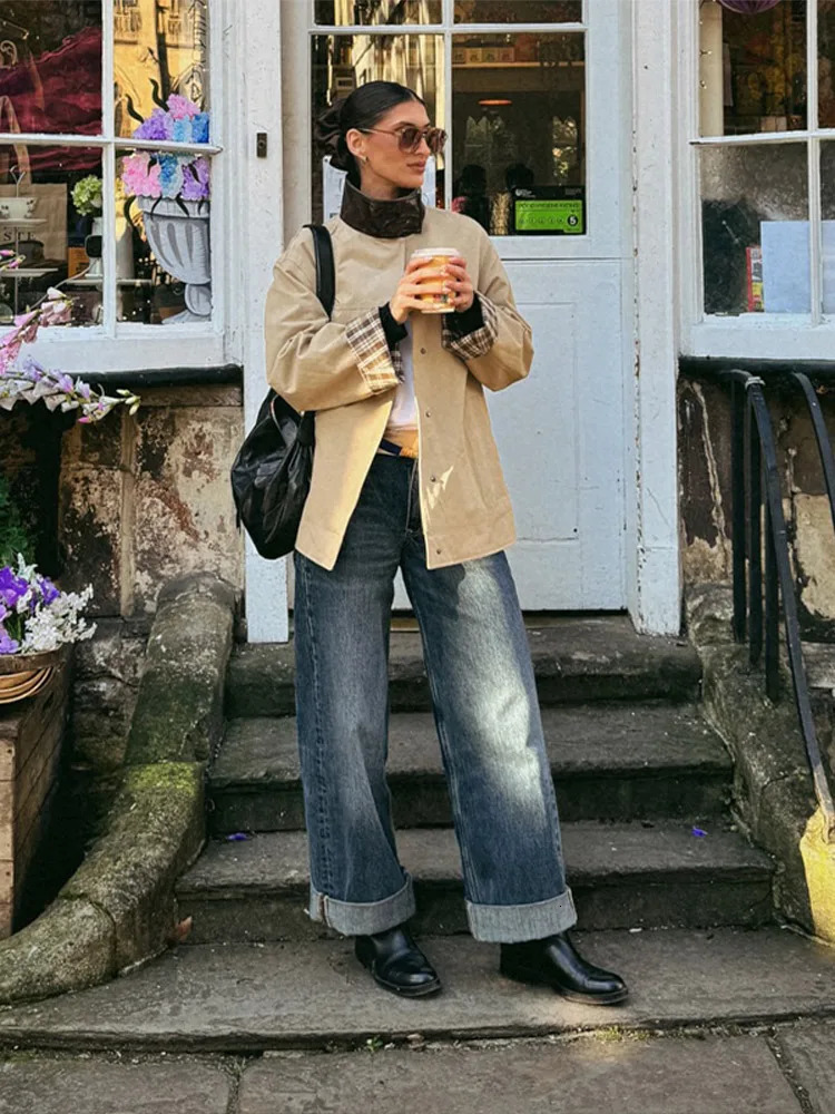 Retro PU Leather Collar Jacket Women Casual Loose Khaki Patchwork Stand Collar Button Trench Jackets Chic Versatile Streetwear 250811