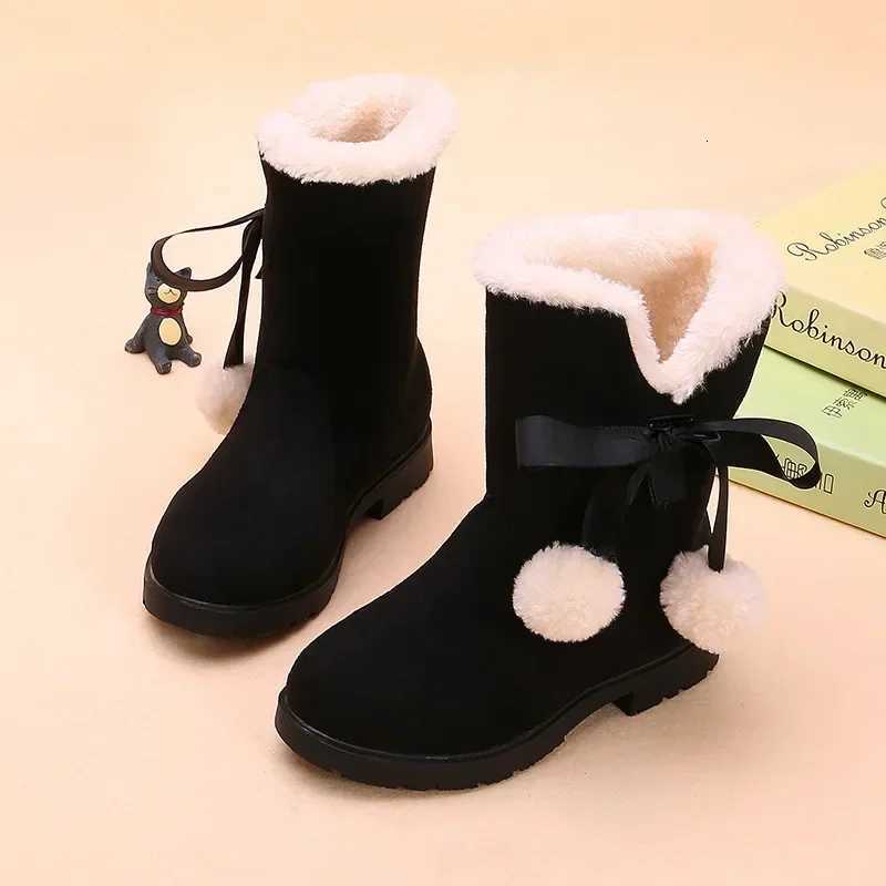 100% Cotton Linen Cotton Linen Cotton Linen for Girls Princess Medium Big Kids Snow Boots Warm Fur Bowtie with Hairball Cute Sweet Plush Suede Boots X