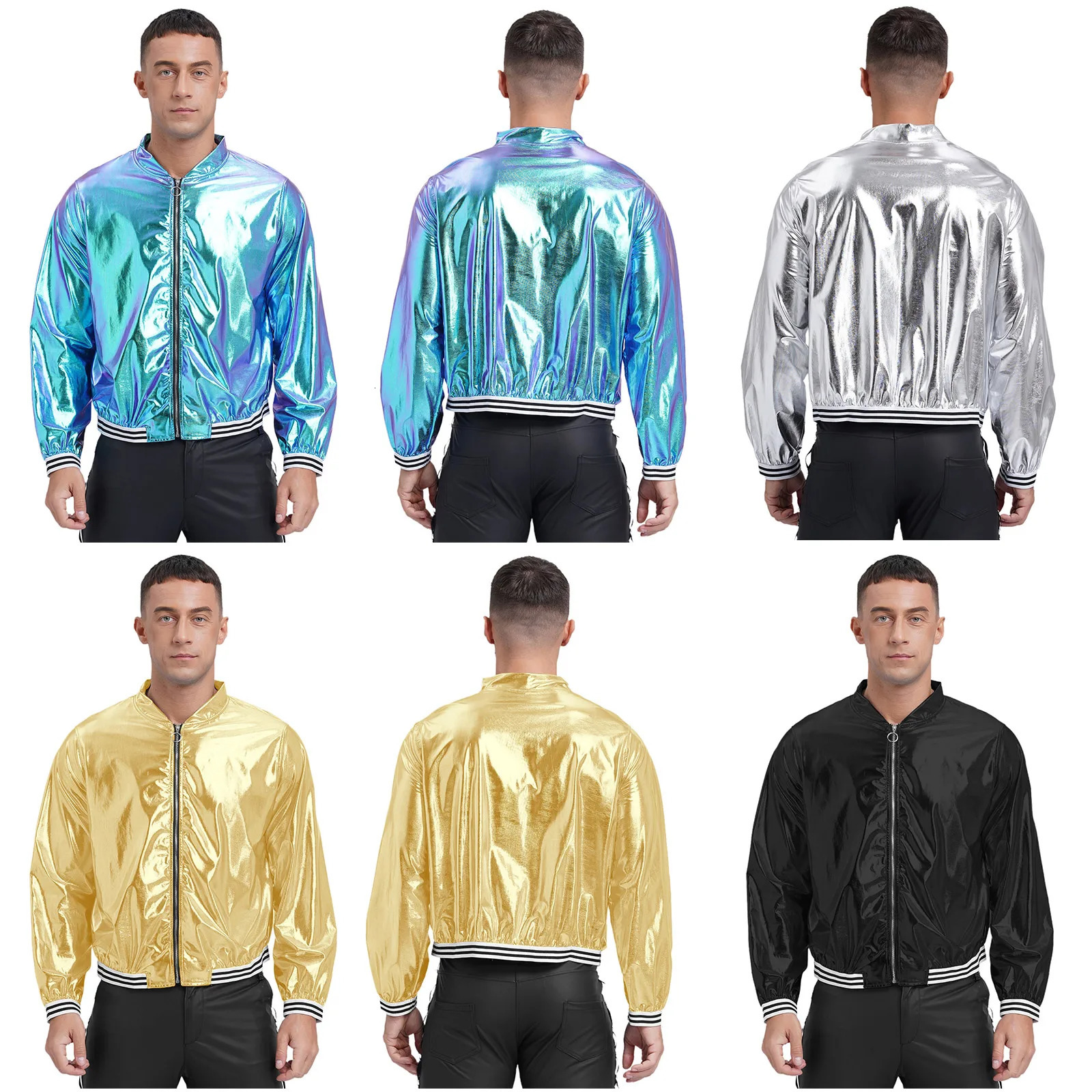 Mens Metallic Shiny Bomber Jacket Long Sleeve Zip Up Baseball Jackets Coat Rave Dance Party Festival Varsity Outerwear Clubwear 250811