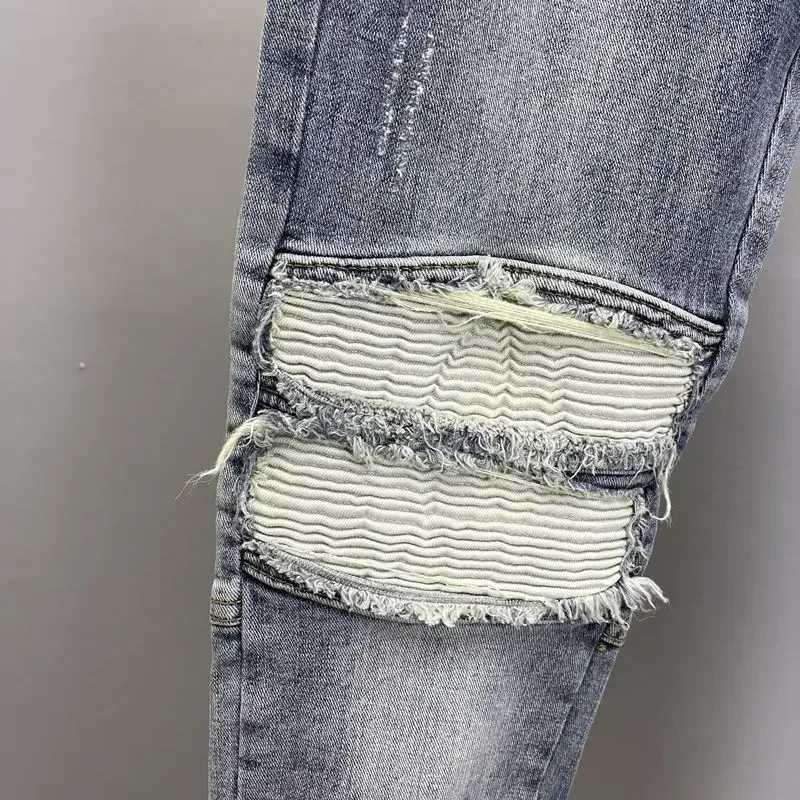 Man Cowboy Pants Cropped Light Blue Ripped Trousers With Holes Mens Jeans Torn Broken Winter Y 2K Vintage Oversize Y2K X250812