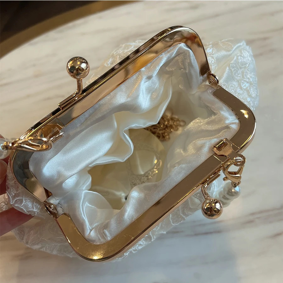 Embroidered Evening Handbags Pearl Chain Shoulder Bag All-Match Clip Dinner Party Clutch Purse Women Messenger Bags White 250809