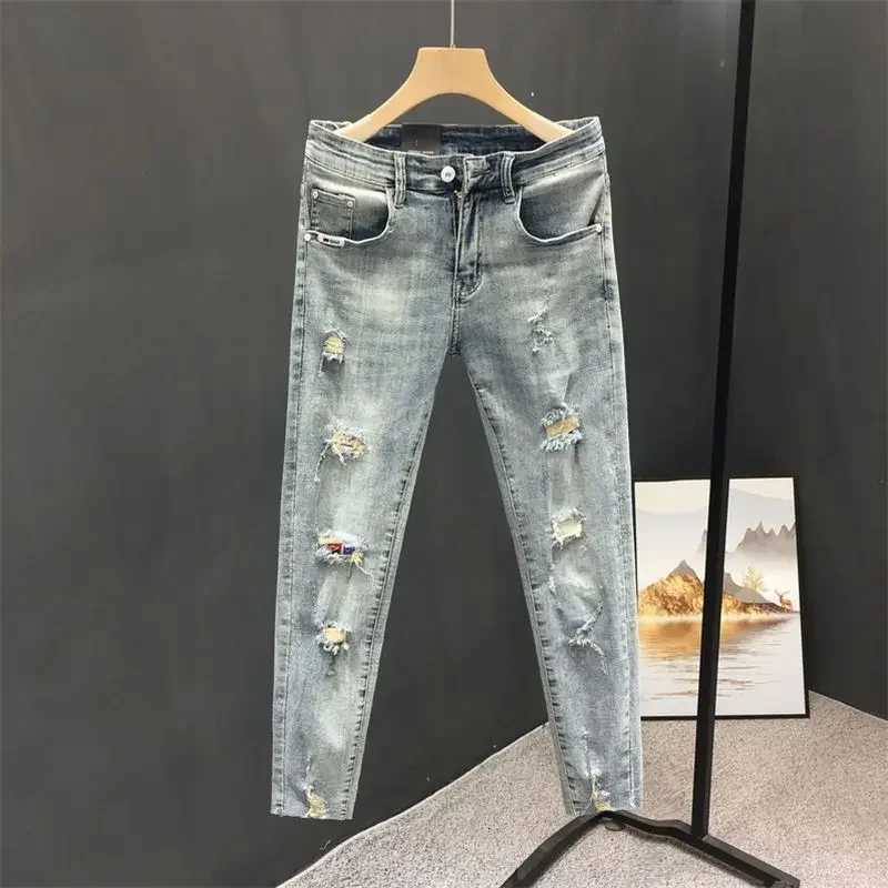 Trendy Korean Style Streetwear Mens Classic Jeans with Holes for Summer Stretchy Distressed Holes Stretch Skinny Pants Male X250812