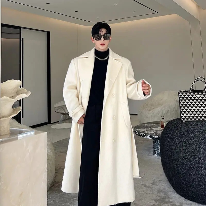 IEFB Korean Men Woolen Coat Casual Lapel Double Breasted Long Trench Solid Color Male Overcoat Belt Autumn Trend 9C2884 250805