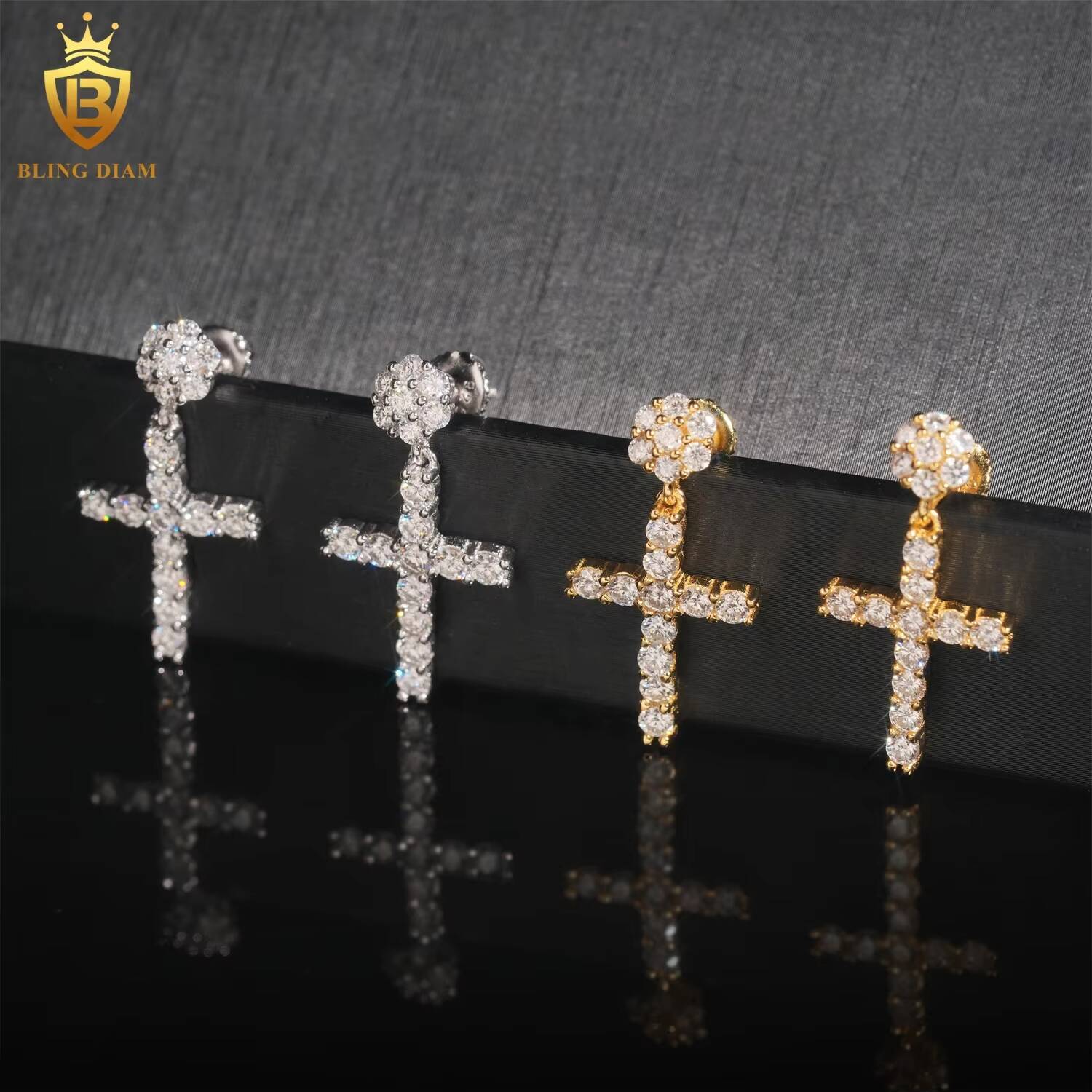 Pass Diamond Tester Hip Hop Gold Plated VVS Moissanite 925 Sterling Silver Cross Earrings