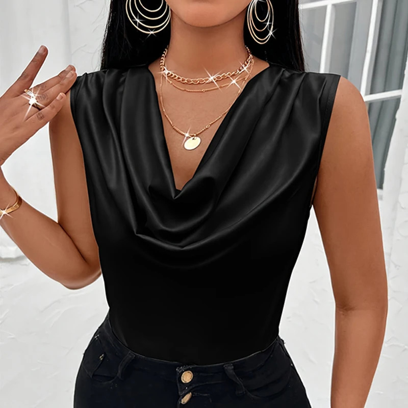 Satin Tank Top Elegant Korean Style Silk Solid Color Sleeveless Fashion Sexy Office Lady Cowl Neck Camisole 250804