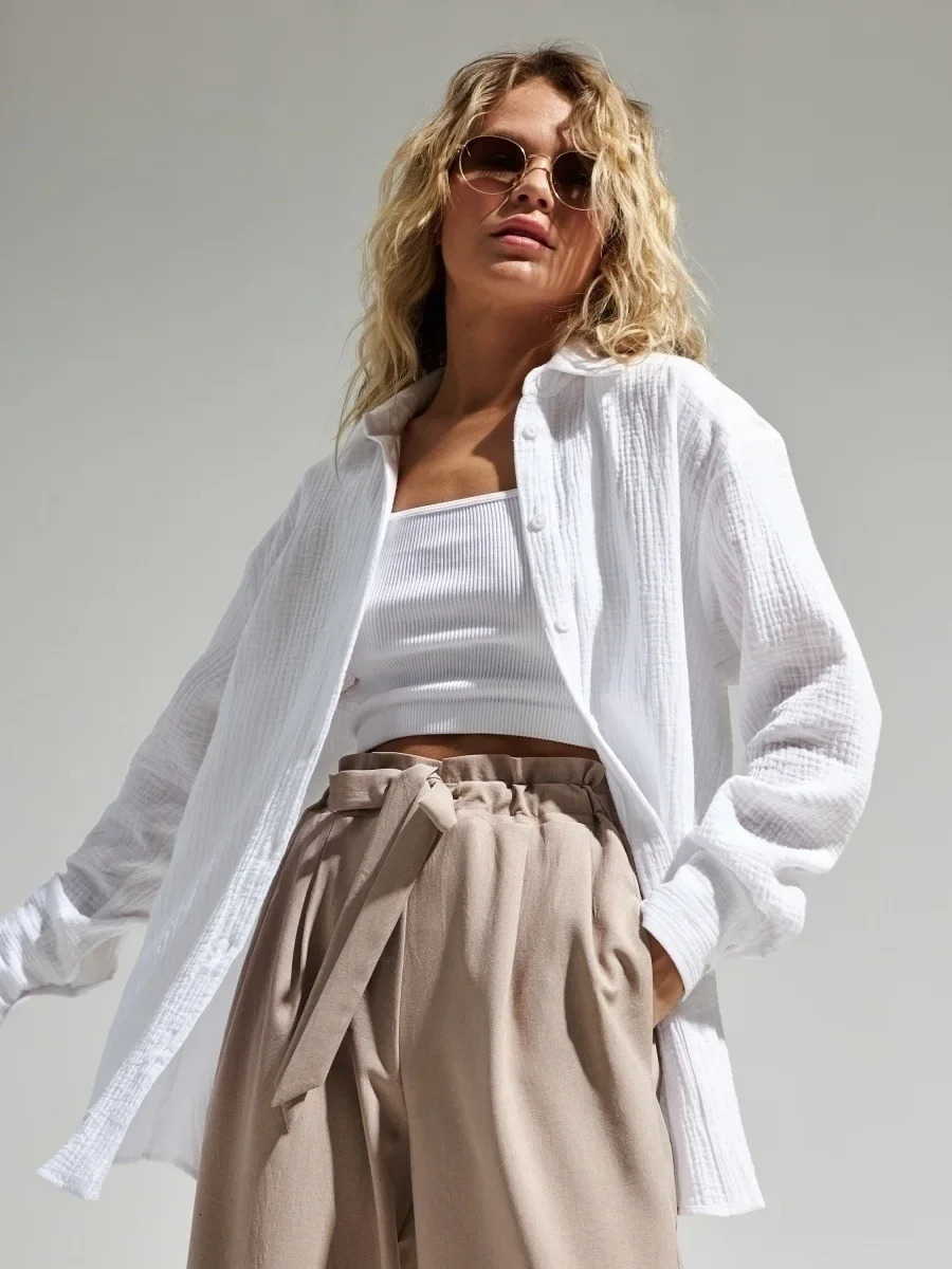 Wolfeel Womens Spring Summer 100% Cotton Shirts Office Lady Fashionable Solid Lady Long Sleeve Loose Tops Crepe Shirts 250811