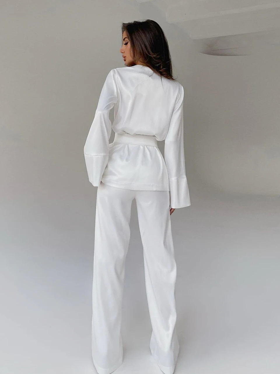 Solid Color Pajamas For Women Robe Sets Full Sleeves Womens Home Clothes Trouser Suits Satin Nightgowns Spring Loungewear 250811