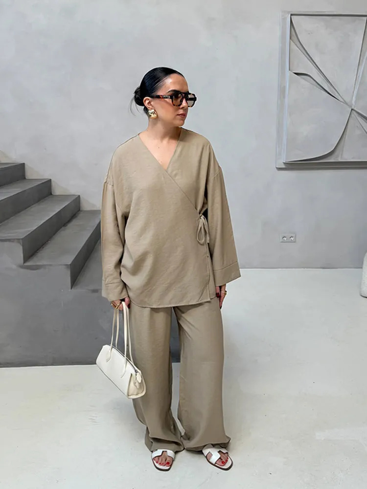 Womens Summer Fashion Linen Solid Shirt Set Belted Cardigan Kimono Top High Waist Womens Wide Leg Pants 2-piece 2025 250811