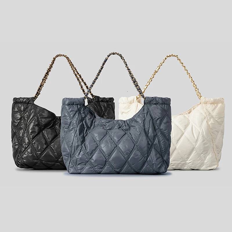 Casual Nylon Lingge Quilted Women Shoulder Designer Padded Lady Handbags Chain Large Capacity Tote Bag Big Shopper Purse2023