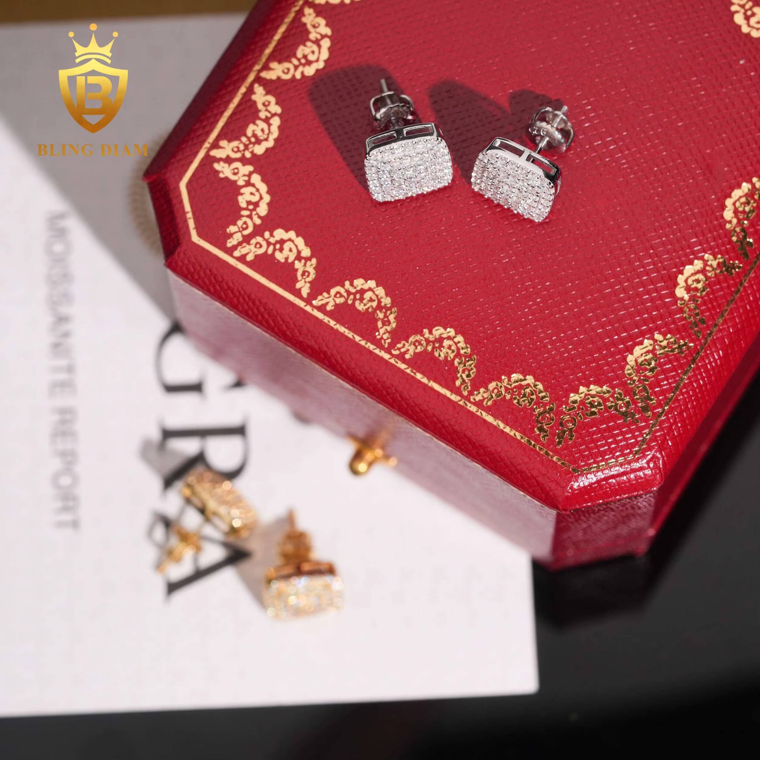 Luxury Jewelry Wholesale 925 Silver Gold Plated Vvs Moissanite Square Earrings Drop Screw Back Stud Cluster for Man Women