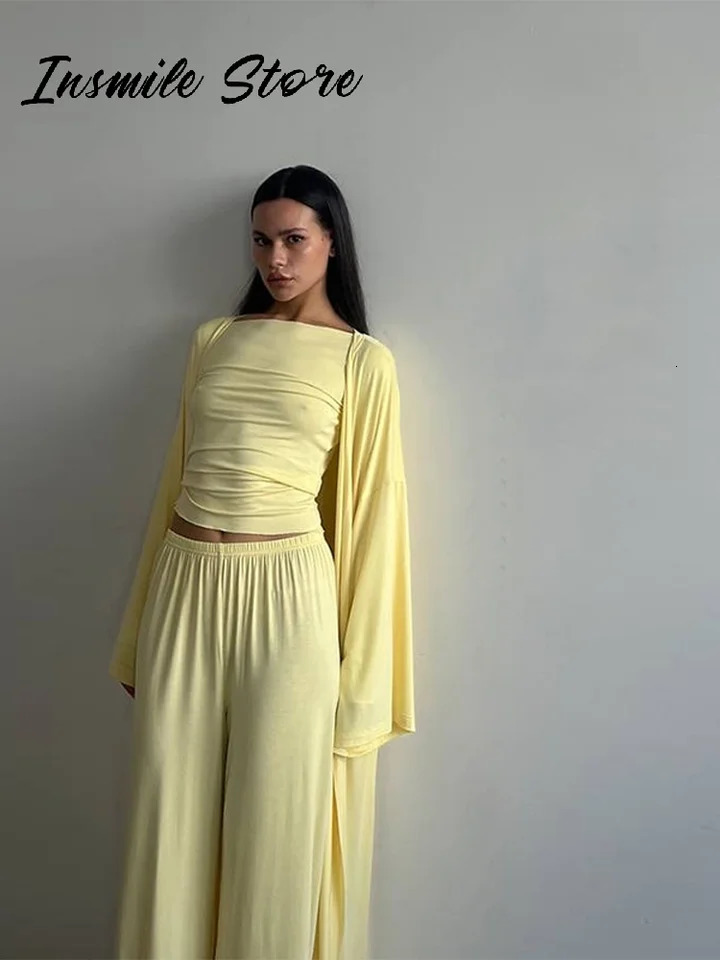 Casual Solid Women 3 Pieces Suits V-neck Long Coats O-neck Slim Top Wide Leg Trousers 2025 Spring Summer Fashion Female Sets 250811