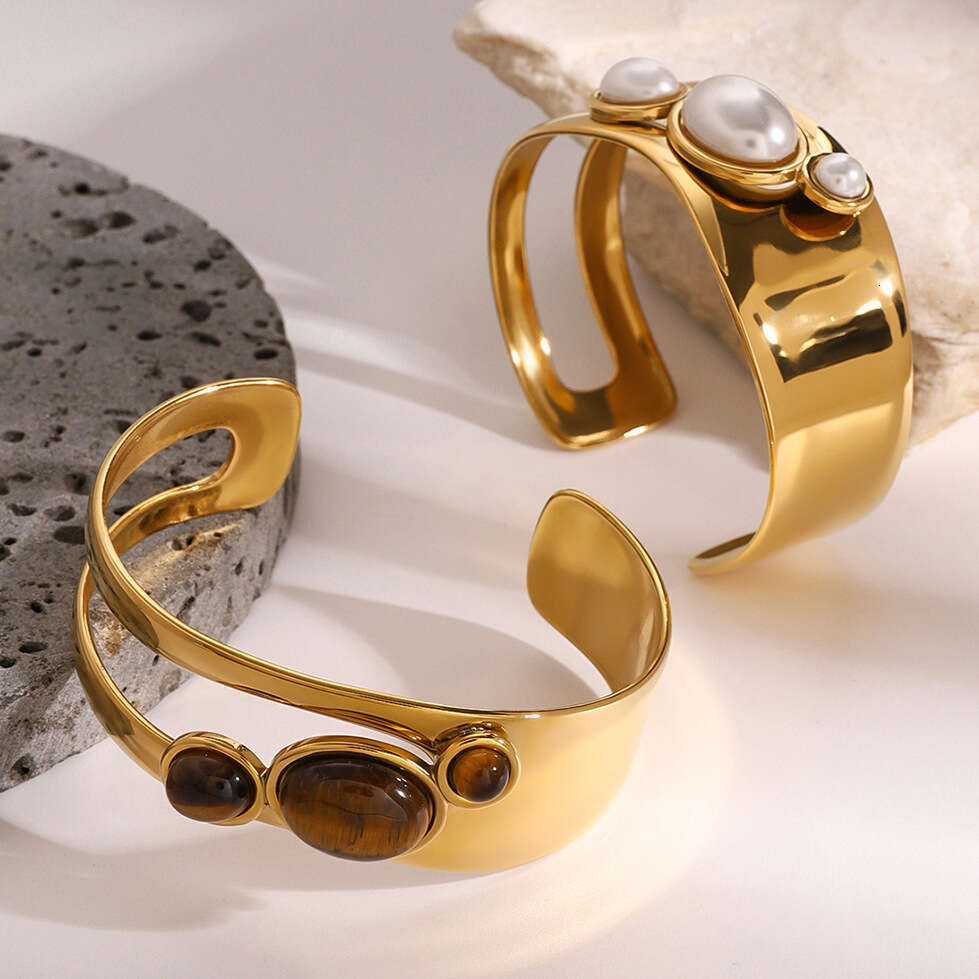 Designer Stainless Hollow Pearl Designer Bracelet High Version Natural Stone Open Bangle Titanium Jewelry Steel Jewelry