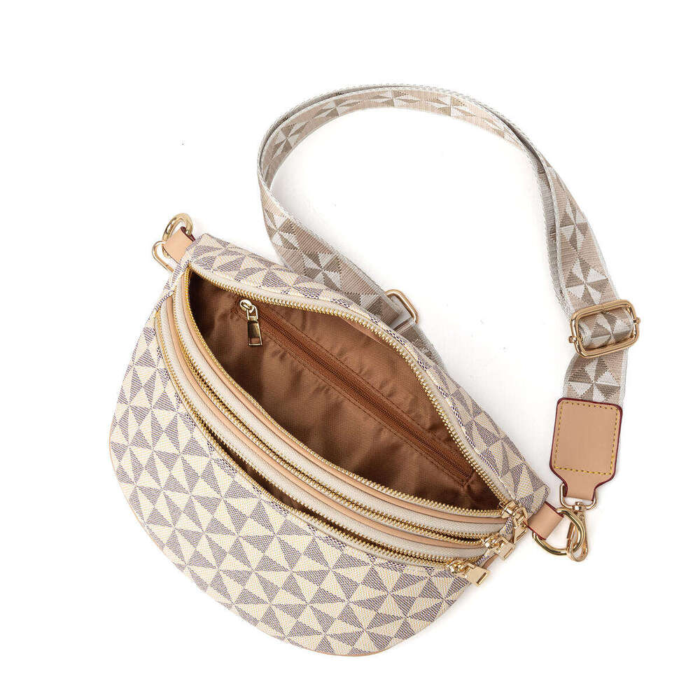 Lacel Urwebin Beige Triangle Pattern Fanny Pack, Women's Fashionable Waist Bag with Multi - Zipper Pockets, Adjustable Patterned Strap Crossbody