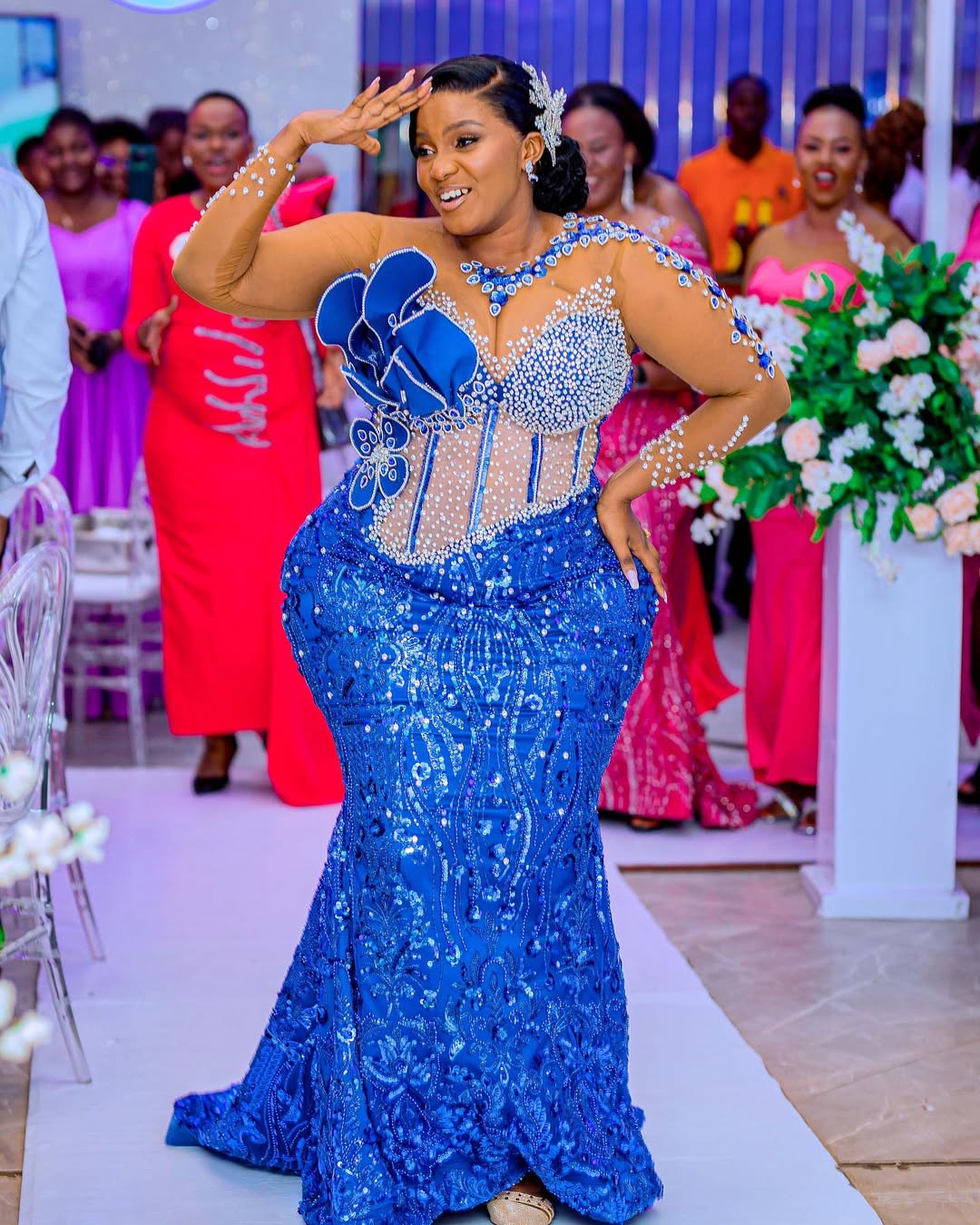 Mermaid Royal Blue Plus Size Prom Dress 2025 Evening Dresses For Special Occasions Sheer Neck Beaded Lace Flora Illusion Birthday Second Reception Gow