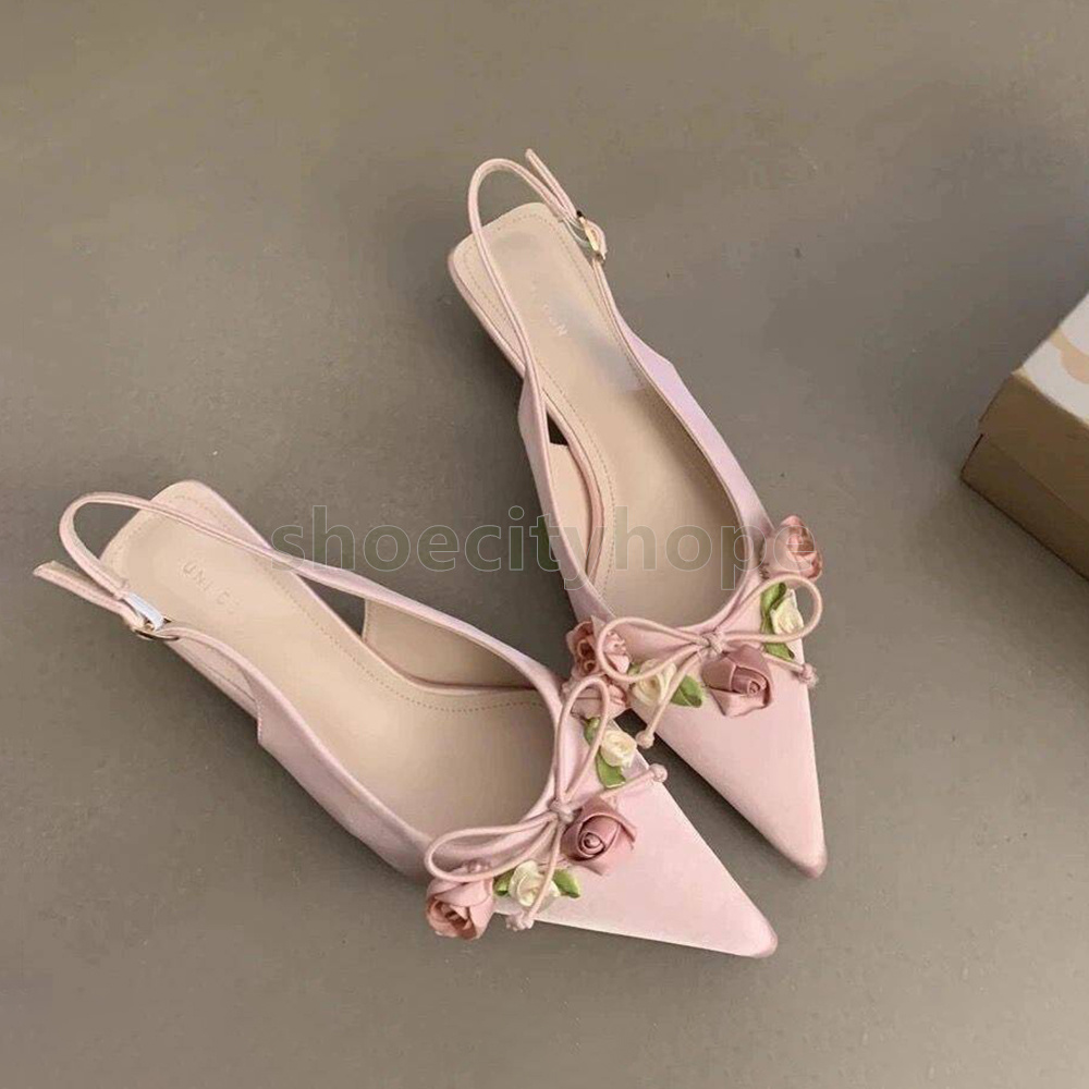designer shoes pointed toe slingbacks loafers womens elegant pink black white comfort low heels soft sole ladies flower mary jane shoes size 35-40