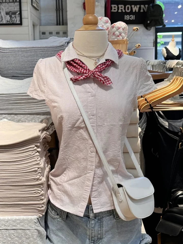 Pink Striped Slim Short Sleeve Blouse Women Summer Turndown Collar Single Breasted Blouses Chic Preppy Style Sweet Shirt Top 250806