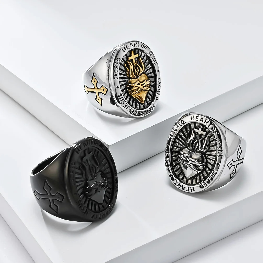 Vintage 18K Gold Plated Jesus Cross Signet Men Stainless Steel Religious Jewelry heart Crucifix Ring 250812