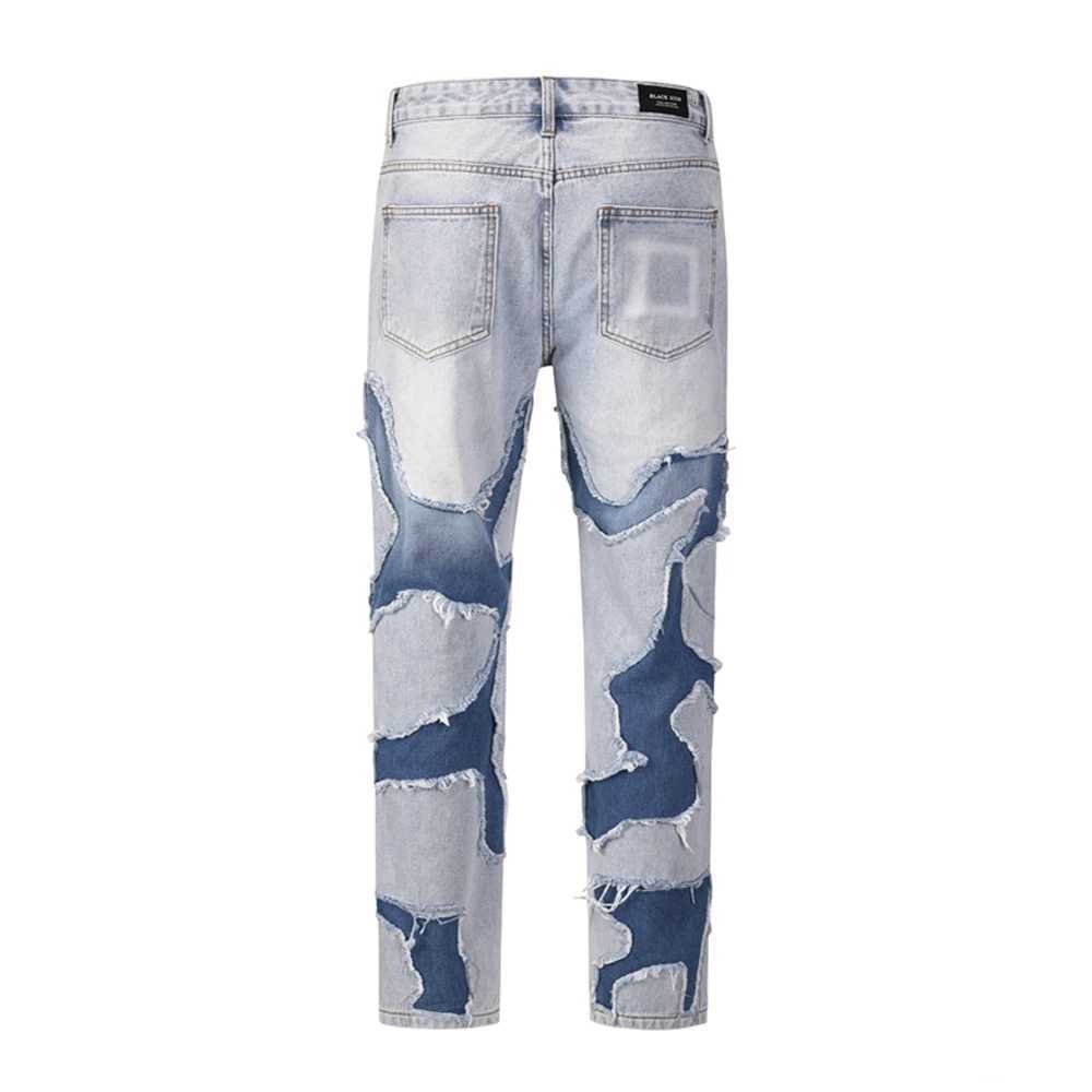 High Street Style Patchwork Frayed Jeans Pants for Men Retro Washed Hole Ripped Casual Loose Denim Trousers Oversized X250812