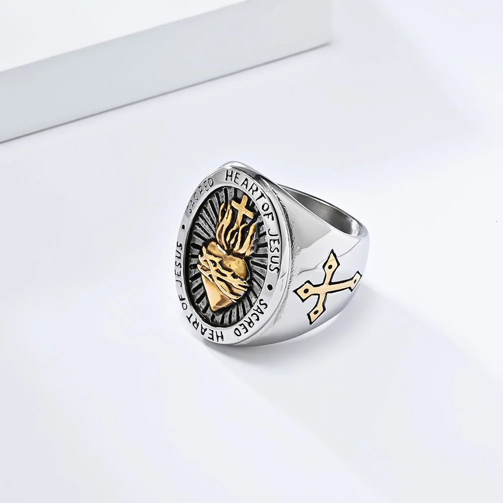 Vintage 18K Gold Plated Jesus Cross Signet Men Stainless Steel Religious Jewelry heart Crucifix Ring 250812