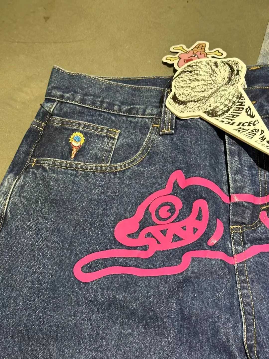 100% Cotton Fly Dog Printed Mens Straight Denim Pants Loose Fit YKK Zipper Casual Denim Jeans Pants Trousers X250812