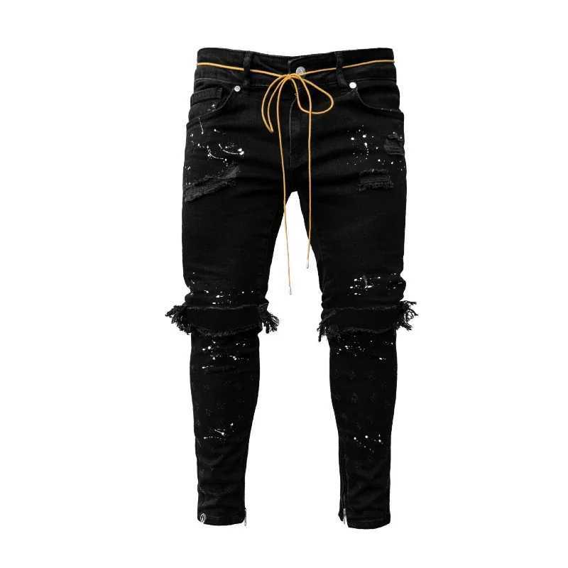 Men Long Jeans Pants Denim Pencil Pants with Hole Splice Simple Slim Fit Zipper Lace Up Tight Waist Straight Trousers for Autumn X250812