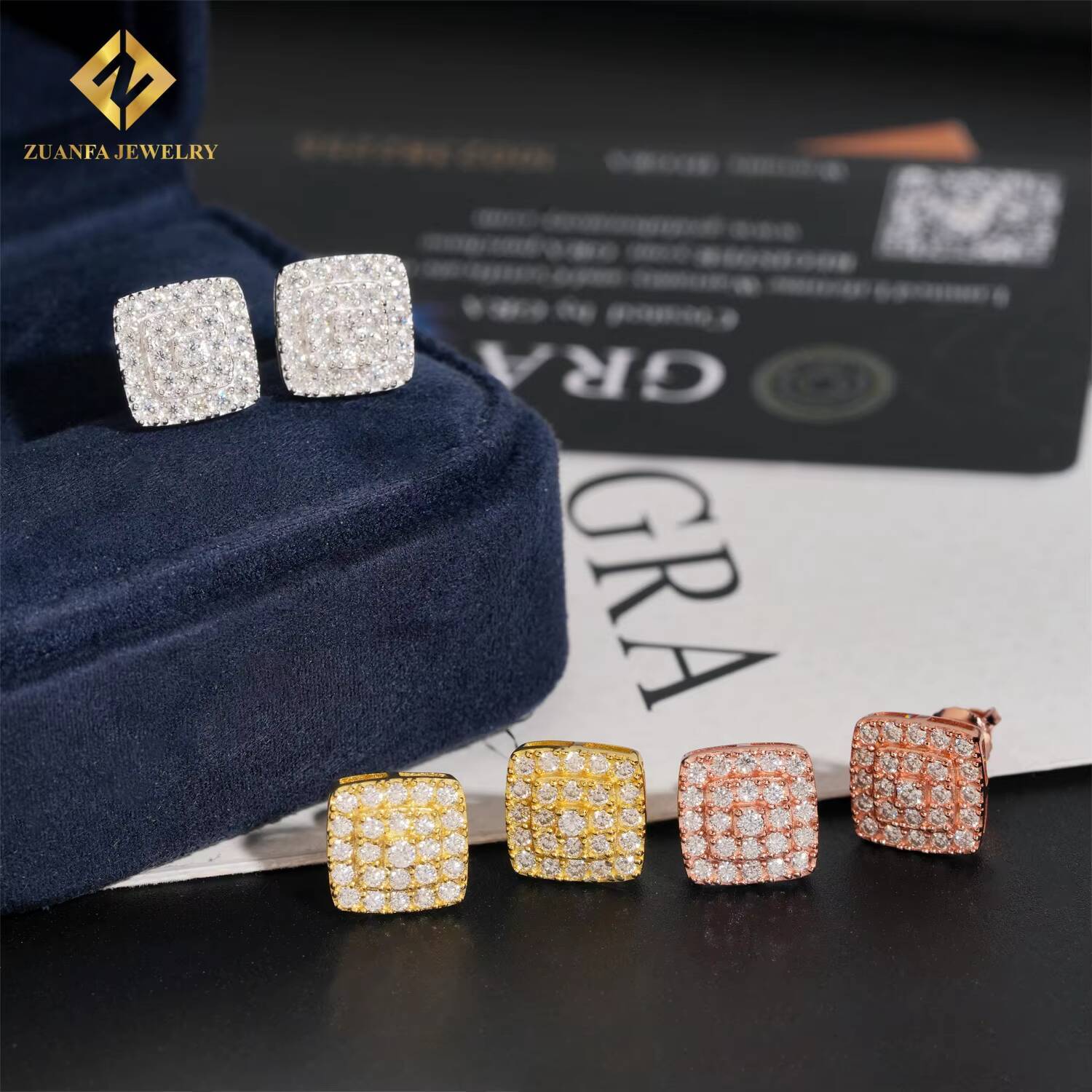 RTS Luxury 925 Silver 3Rows VVS Moissanite Square Hip Hop Jewelry Screw Back Earrings Iced Out Diamond Ear Studs Unisex