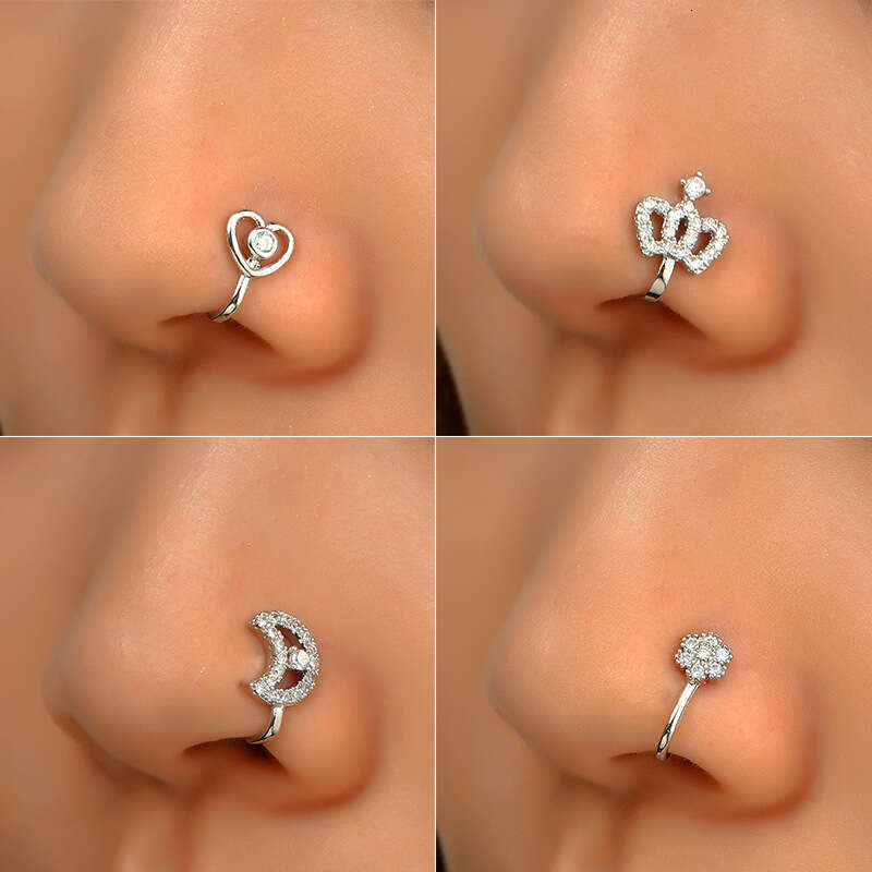 Clip Copper Inlaid Zircon U-Shaped Star Heart Crown Ring Non-Pierced Nose Piercing Jewelry