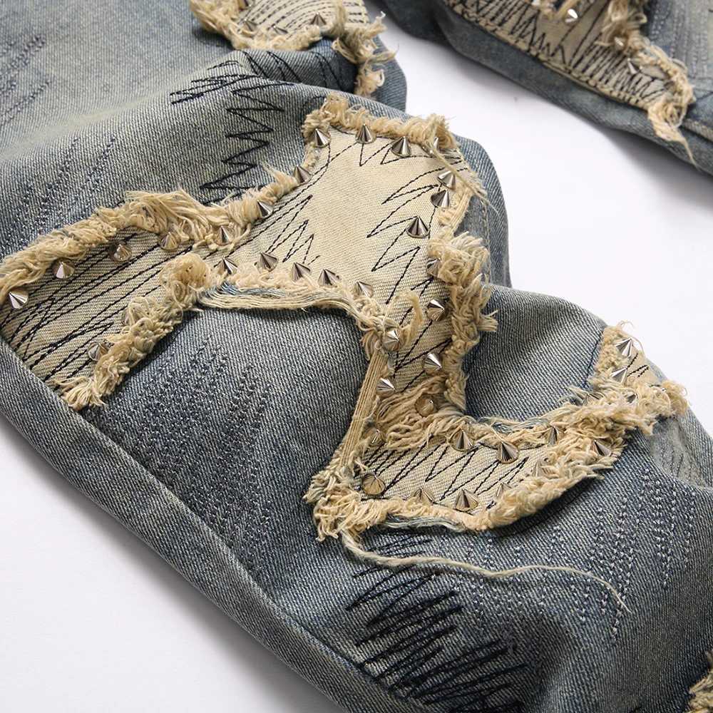 Men Boot Cut Jeans Punk Rivet Patch Distressed Stretch Denim Pants Vintage Blue Embroidery Slim Flared Trousers X250812