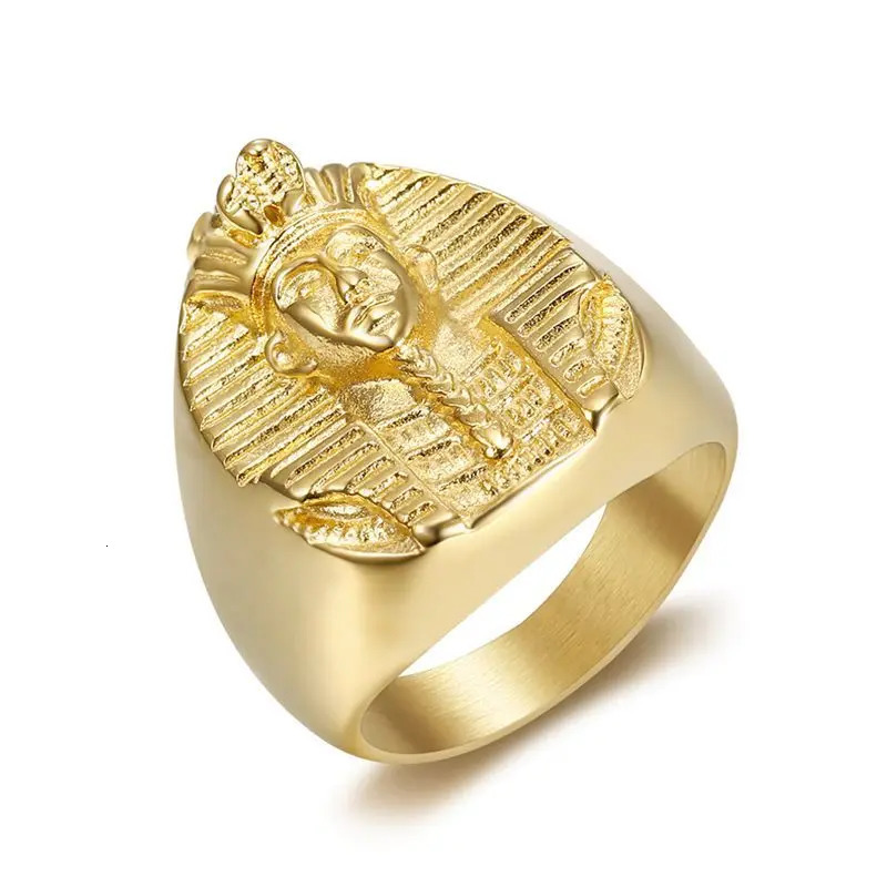 European and American Cross-Border Hip-Hop Hiphop Ring Steel Gold-Plated Egyptian Pharaoh Mens Ring 250812