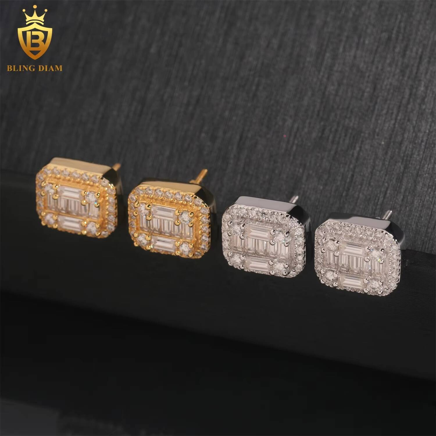 Pass Diamond Tester 925 Sterling Silver Luxury Hip Hop baguette VVS Moissanite Stud Earrings