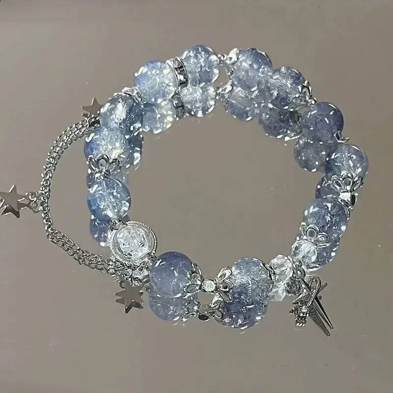 Niche Design Star Chain Tassel for Women Fantasy Blue Crystal Beads Elastic Rope Bracelet Best Friend Jewelry Gifts