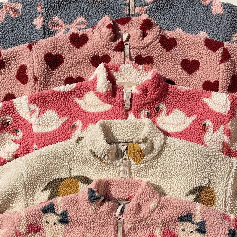 Autumn Winter Konges Slojd Childrens Jacket Boys Polar Fleece Cottonpadded Clothes Girls Pink Swan Printing Coat 250812